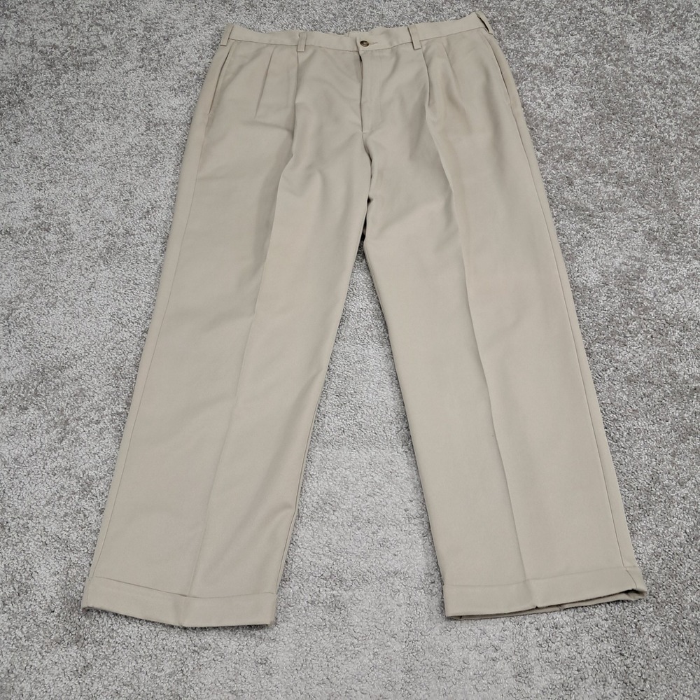 Haggar Cool 18 Mens Pleated Dress Pants Khaki Tan Cuffed Measured 38x27